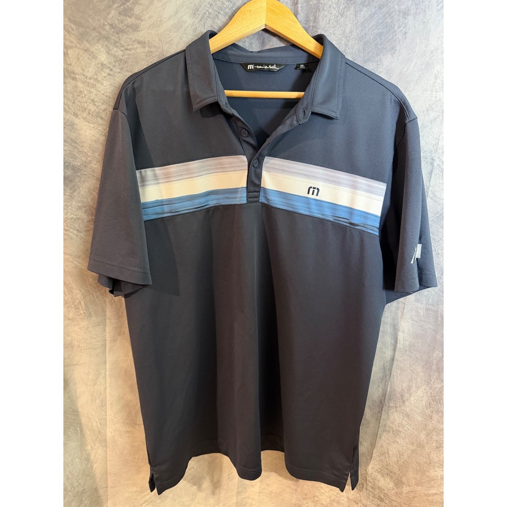 TravisMathew Mens XXL Navy Blue Striped Performance Golf Polo Shirt Short Sleeve